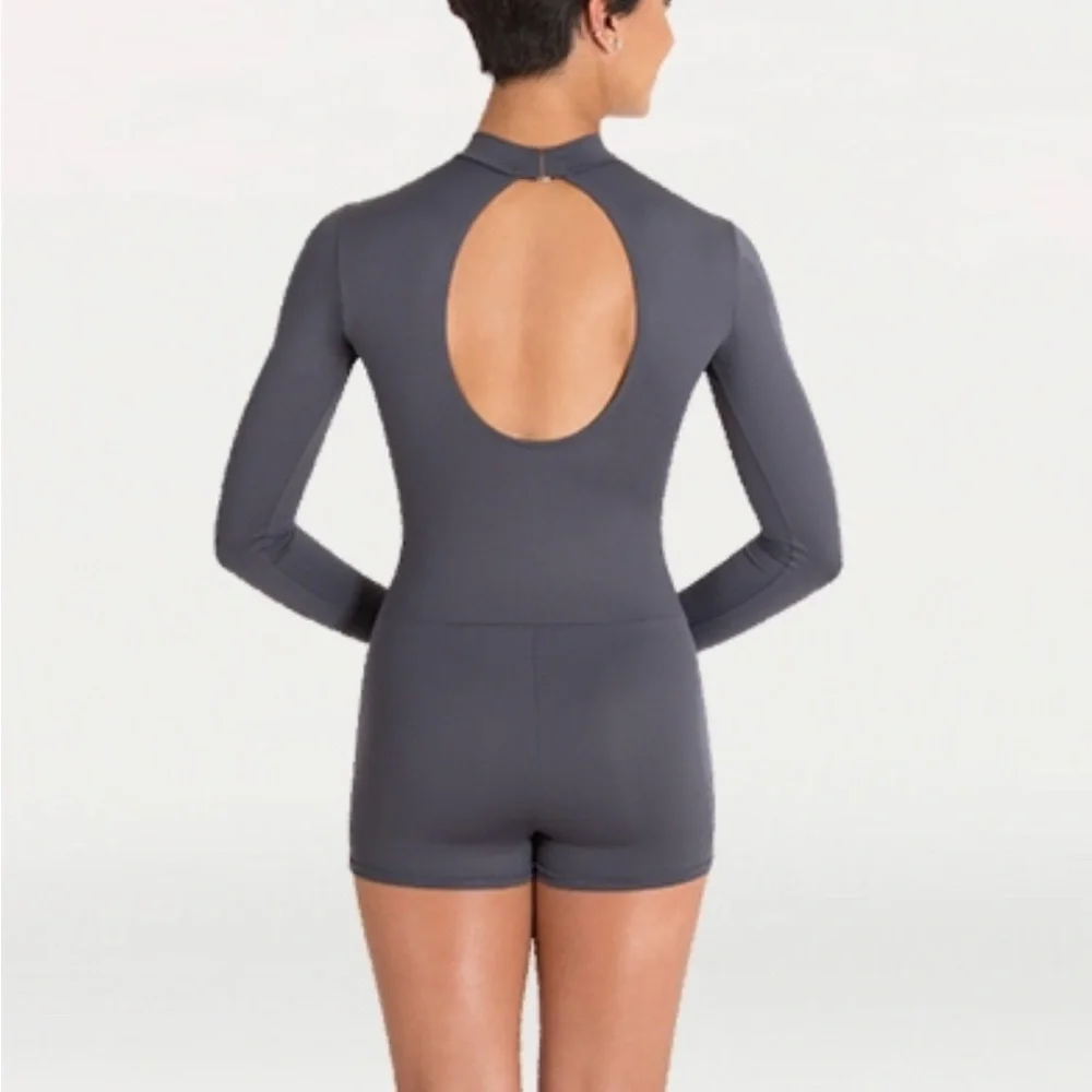 Girls body wrappers gray leotard one piece shorts set modest size 12-14